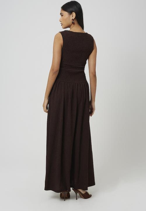 Brave Soul - Ladies Textured Jersey Maxi Dress With Ruched Bodice - Dark Brown