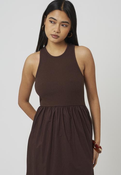 Brave Soul - Ladies Textured Jersey Maxi Dress With Ruched Bodice - Dark Brown