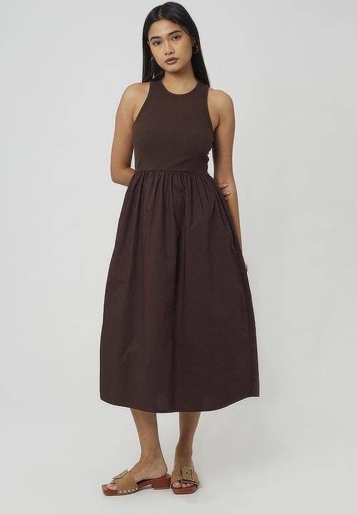 Brave Soul - Ladies Textured Jersey Maxi Dress With Ruched Bodice - Dark Brown