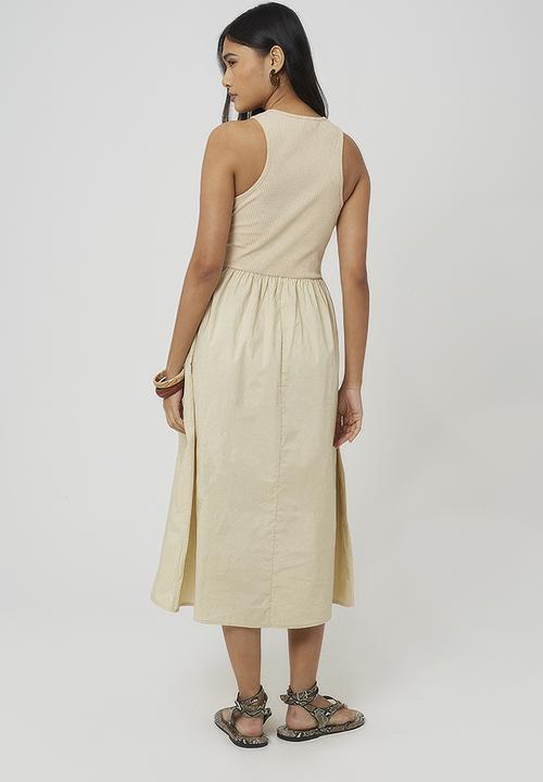 Brave Soul - Ladies Midi Ribbed Jersey And Poplin Mix Dress - Neutral