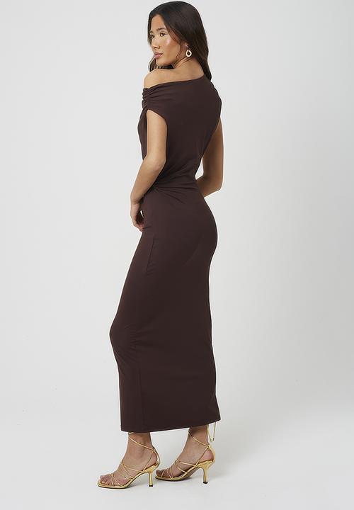 Brave Soul - Ladies Jersey High Neck Midi Dress With Ruching Detail - Dark Brown