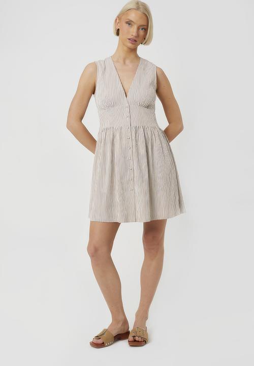 Brave Soul - Ladies Sleeveless Button Down Stripe V Neck Midi Dress - Cream