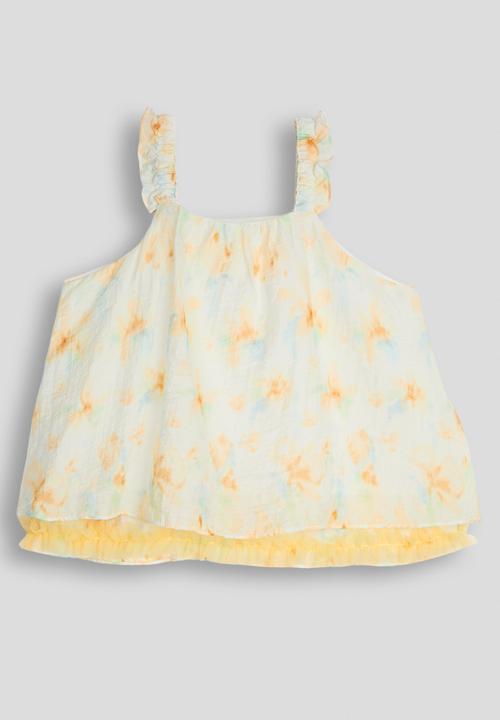 Pop Candy - Aop ruffled straps top - white/yellow