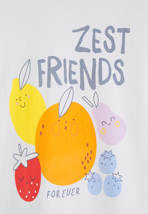 Pop Candy - Fruits graphic tee with striped shorts - white & light orange
