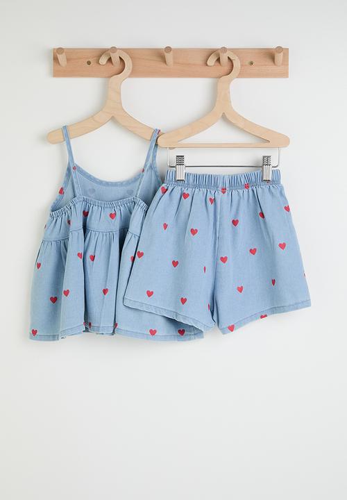 Pop Candy - Heart embroidered peplum camisole top & shorts - blue