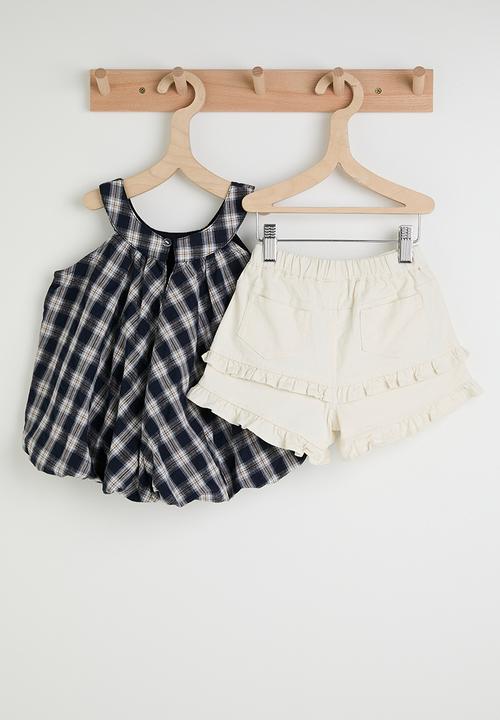 Pop Candy - Check halter neck top & ruffle shorts - navy/white