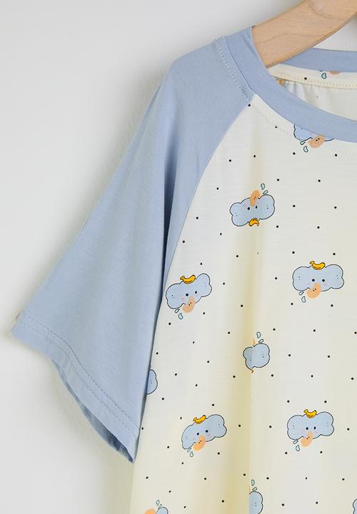 Pop Candy - Aop tee & shorts pj set - cream & blue