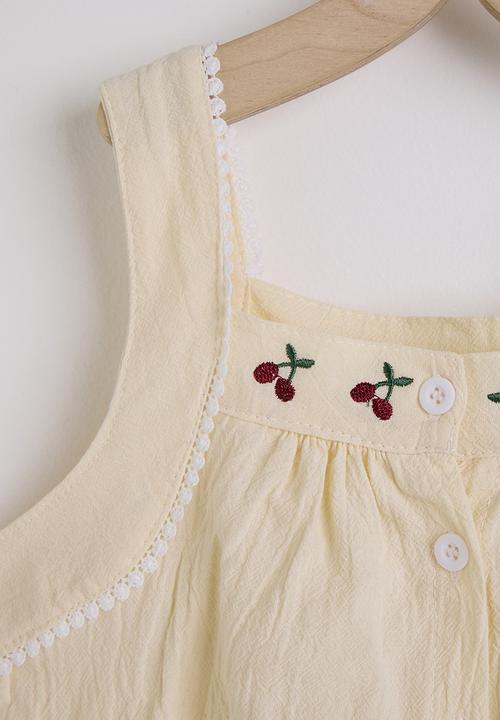 Pop Candy - Embroidered square neck blouse with denim midi skirt - off white/blue
