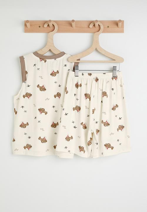Pop Candy - Aop tank top & shorts pj set - white & brown