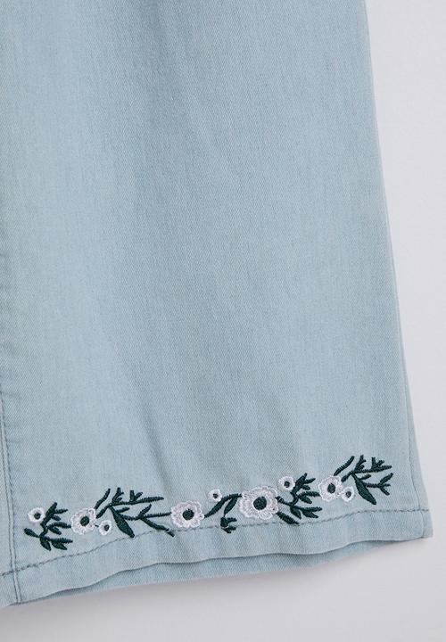Pop Candy - Embroidered empire line denim top & wide leg jeans - light blue