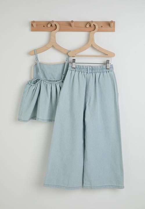 Pop Candy - Embroidered empire line denim top & wide leg jeans - light blue