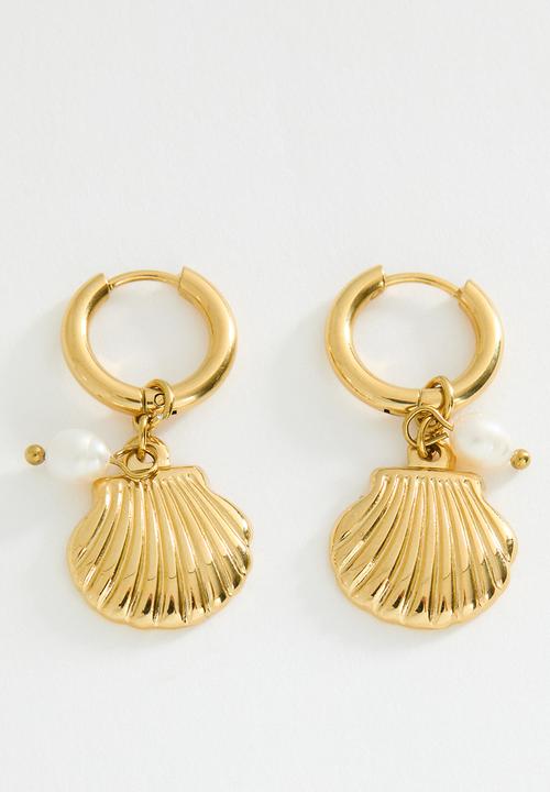 Rubi - Waterproof Charm Hoop Earring - Gold Plated Shell Pearl Drop