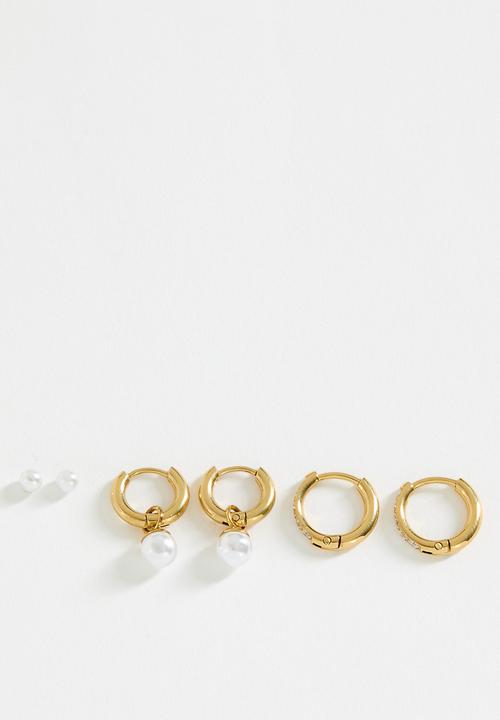 Rubi - Waterproof 3Pack Small Earring - Gold Plated Dia Huggie Pearl Drop