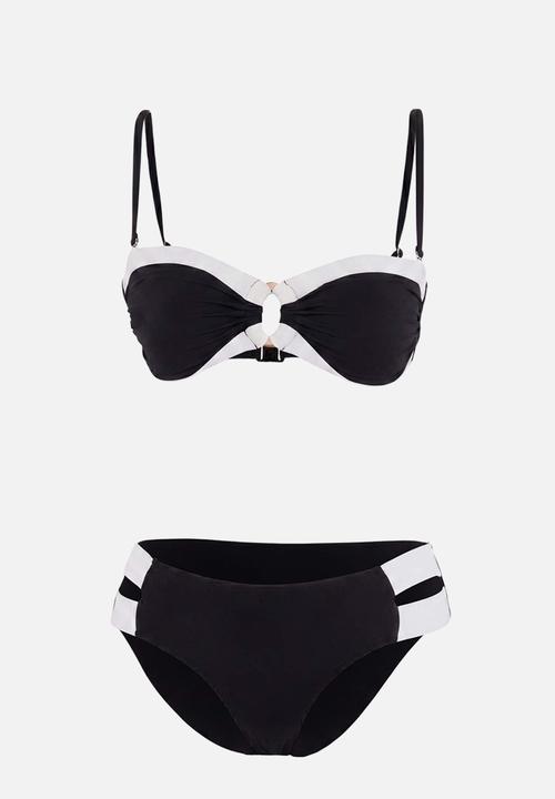 Trendyol - Blocky strapless bikini set - black and white