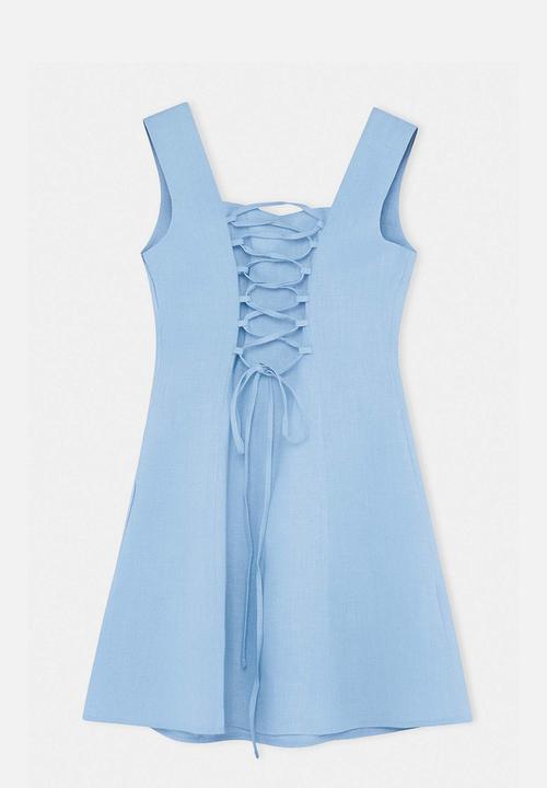 Trendyol - Linen Back-Tie Mini Dress - Light Blue