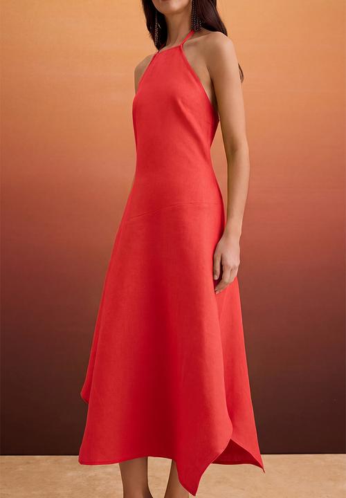 Trendyol - Asymmetric Linen Halter Neck Midi Dress - Pomegranate Blossom