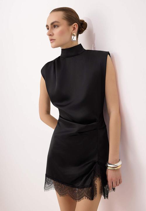 Trendyol - Satin Lace Detail Mini Dress - Black