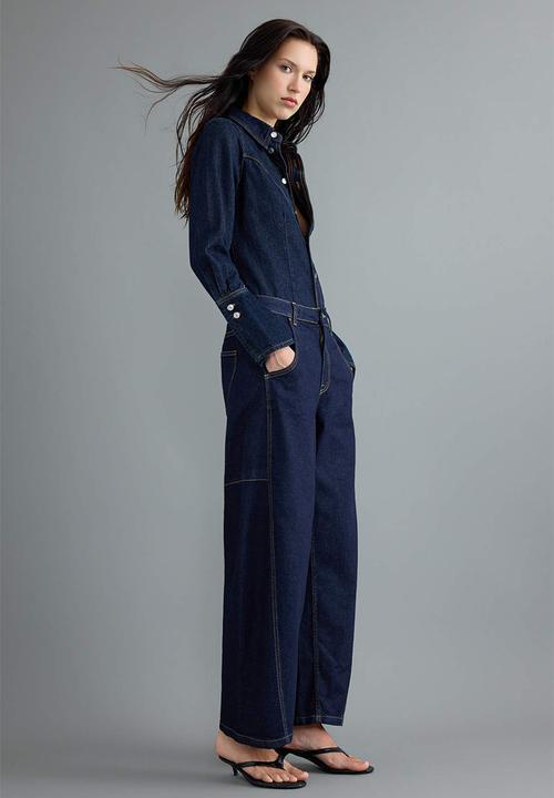Trendyol - Stitched Detail High-Waist Baggy Jeans - Dark Blue