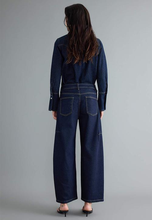 Trendyol - Stitched Detail High-Waist Baggy Jeans - Dark Blue