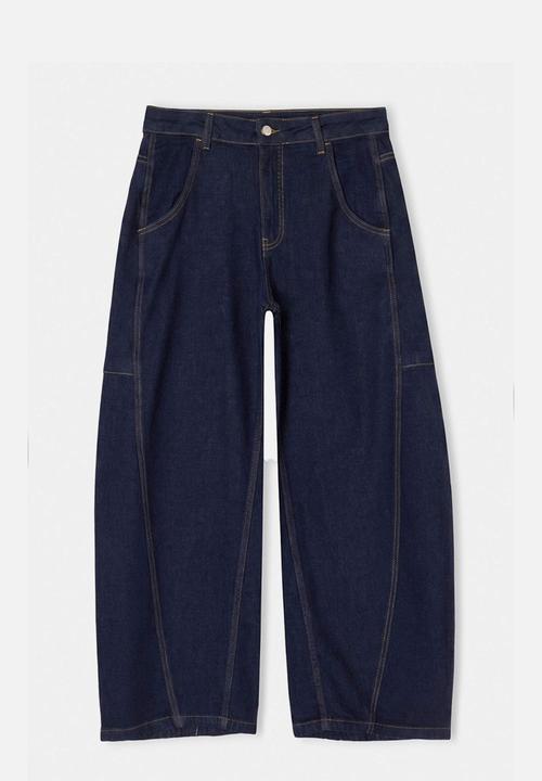 Trendyol - Stitched Detail High-Waist Baggy Jeans - Dark Blue