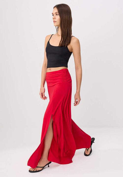 Trendyol - Waist Detail Slit Maxi Knit Skirt - Red