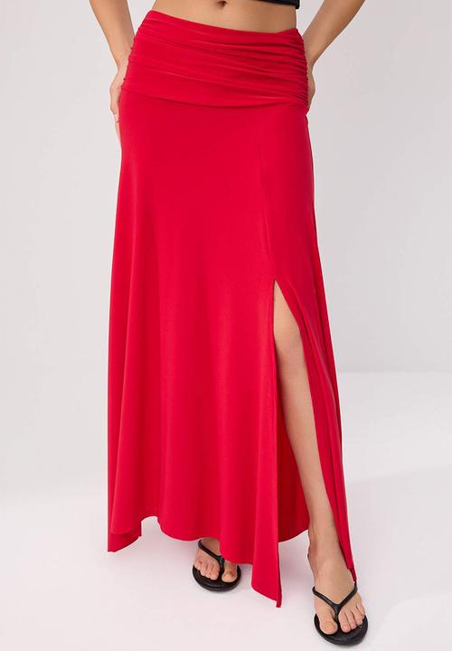 Trendyol - Waist Detail Slit Maxi Knit Skirt - Red
