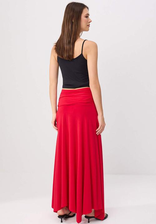 Trendyol - Waist Detail Slit Maxi Knit Skirt - Red