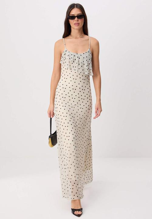 Trendyol - Polka Dot Ruffle Maxi Knit Dress - Ecru