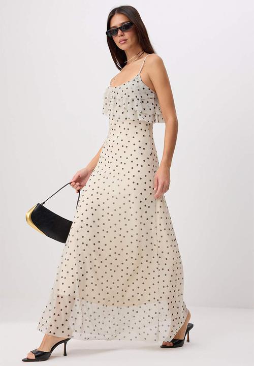 Trendyol - Polka Dot Ruffle Maxi Knit Dress - Ecru