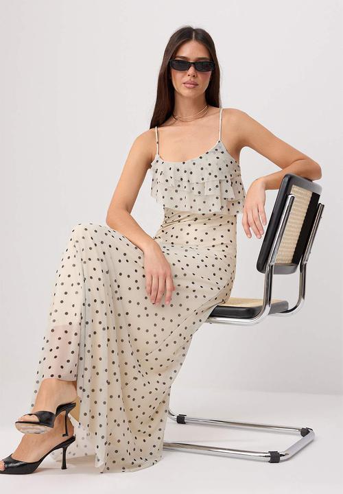 Trendyol - Polka Dot Ruffle Maxi Knit Dress - Ecru