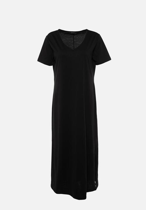 Trendyol - Plus v-neck slit cotton knitted dress - black