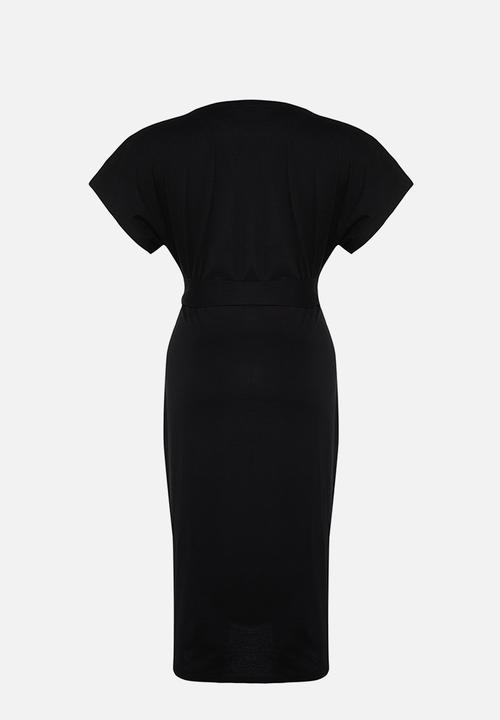 Trendyol - Plus straight cut tie detail slit cotton midi dress - black