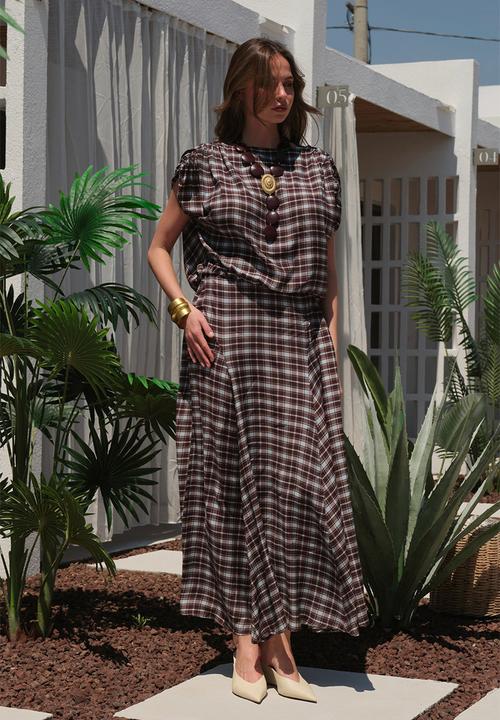 Trendyol - Plaid Blouse and Skirt Set - Multicolour