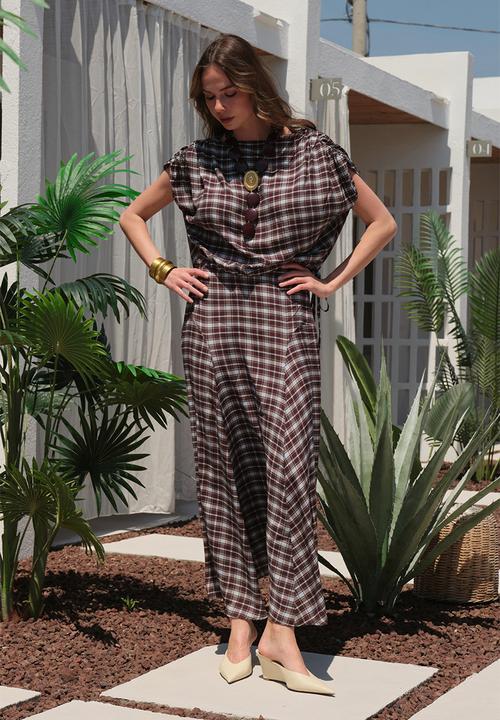 Trendyol - Plaid Blouse and Skirt Set - Multicolour