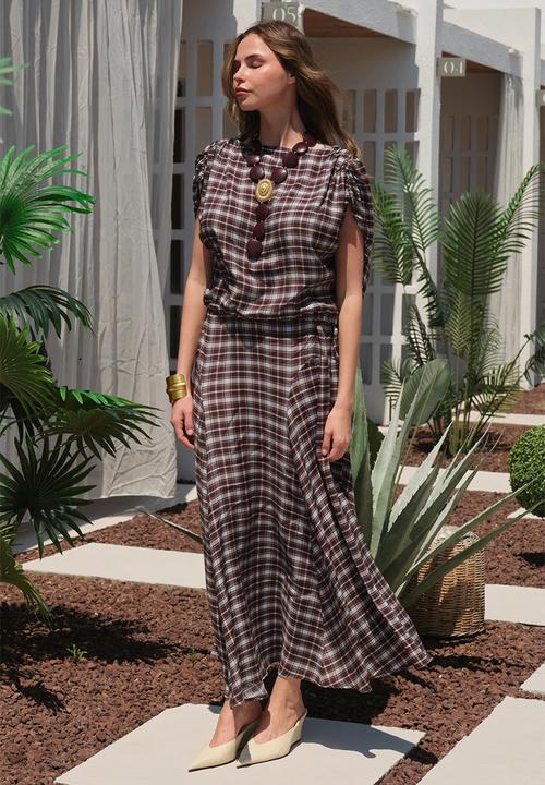 Trendyol - Plaid Blouse and Skirt Set - Multicolour