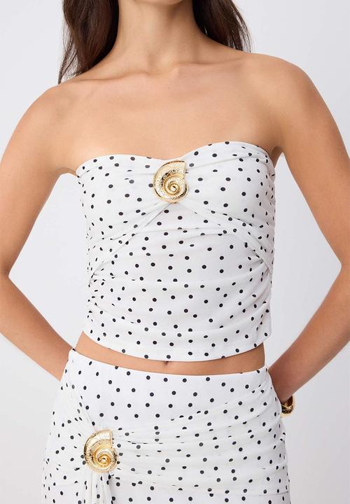 Trendyol - Polka Dot Strapless Knit Blouse with Accessory Detail - Black and White