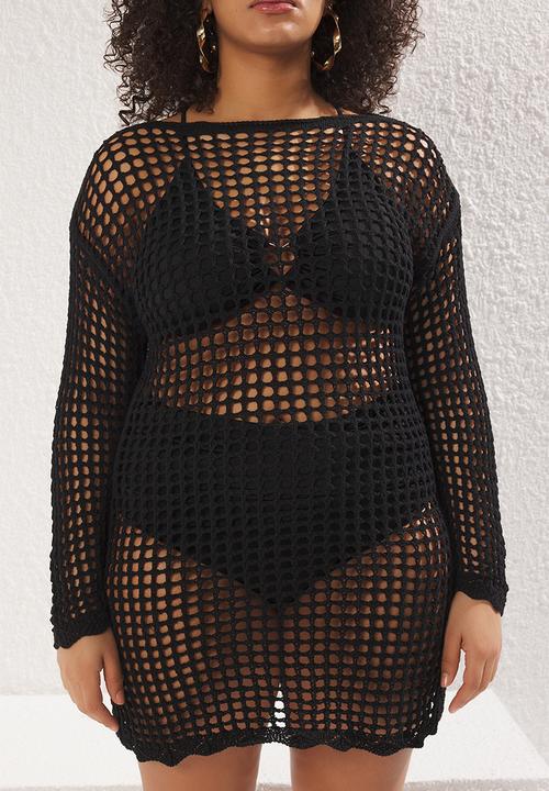 Trendyol - Plus boat neck mini knitwear beach dress - black