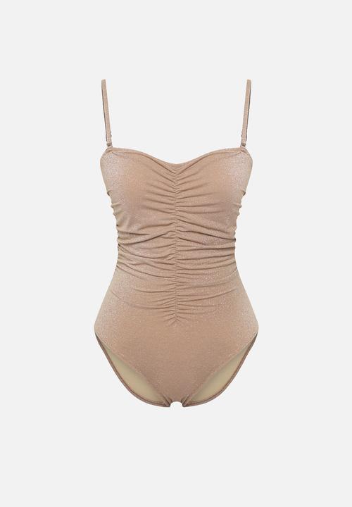 Trendyol - Draped strapless ribbed swimsuit - mink*st
