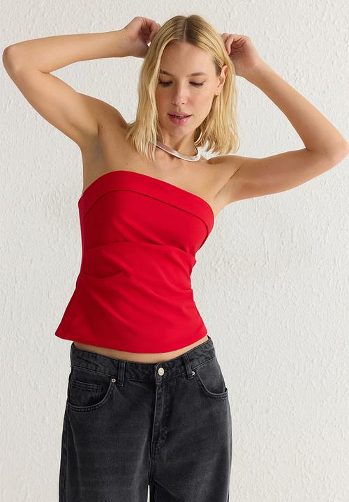 Trendyol - Strapless Draped Blouse - Red