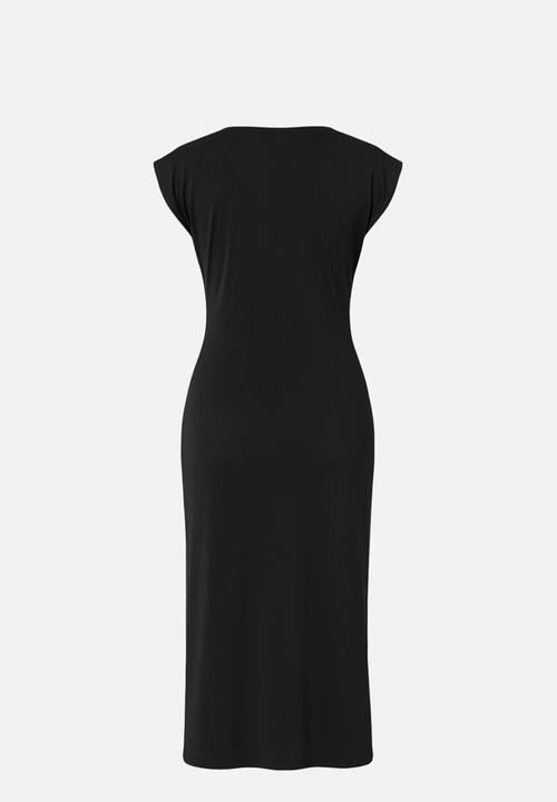 Trendyol - Drawstring Ruched Double-Breasted Midi Knit Dress - Black