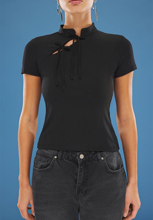 Trendyol - Stand Collar Lace-Up Fitted Knit Blouse - Black
