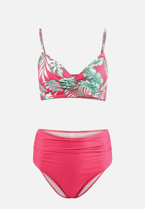 Trendyol - Tropical print draped hipster high waist bikini set - pink