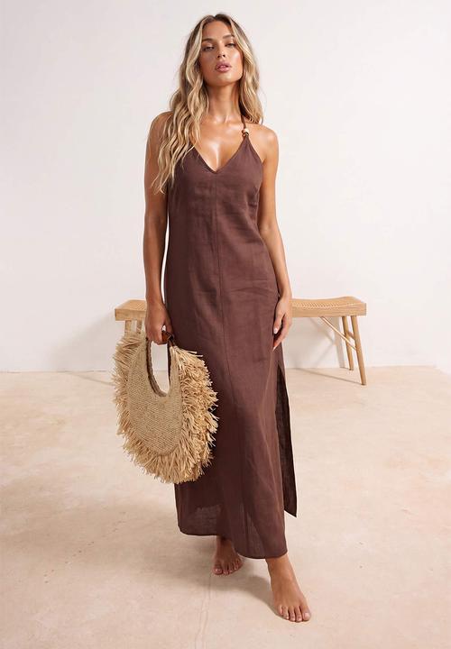 Trendyol - Linen Maxi Beach Dress with Accessory Detail - Brown