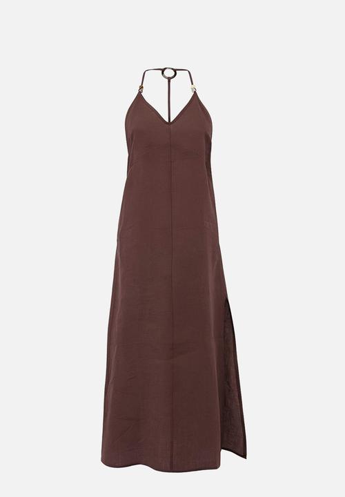Trendyol - Linen Maxi Beach Dress with Accessory Detail - Brown