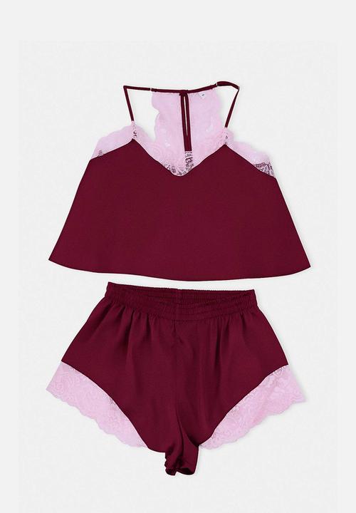 Trendyol - Lace rope strap woven pajama set - burgundy