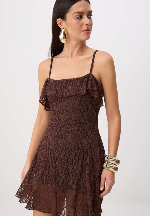 Trendyol - Lace Detail Lined Mini Dress - Dark Brown