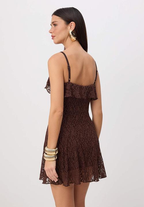 Trendyol - Lace Detail Lined Mini Dress - Dark Brown