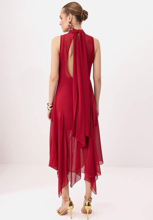 Trendyol - Asymmetric Chiffon Midi Dress with Stand Collar - Burgundy