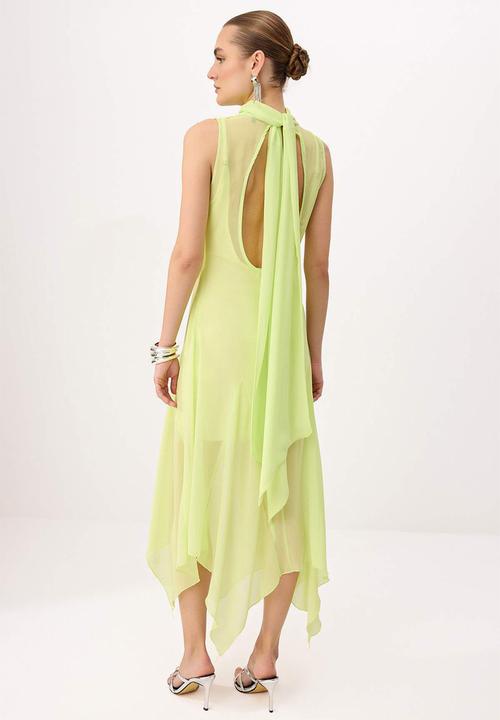 Trendyol - Asymmetric Chiffon Midi Dress with Stand Collar - Lime