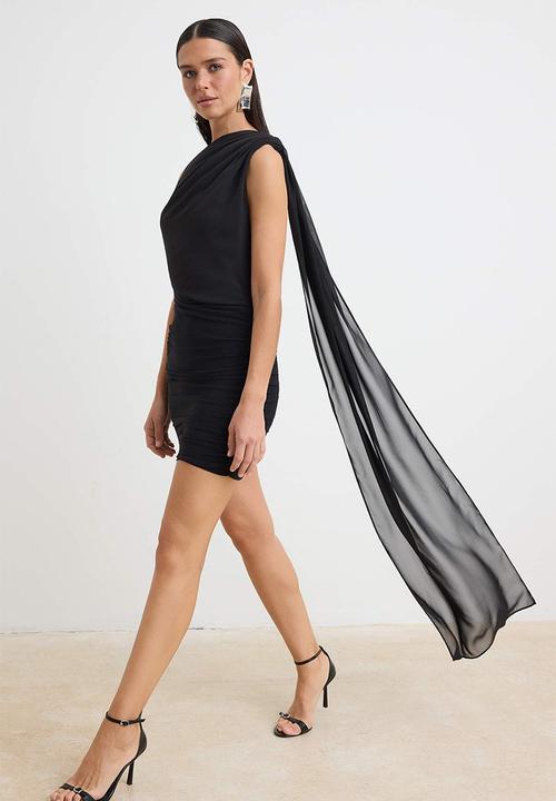 Trendyol - Single-Sleeve Bodycon Chiffon Dress - Black